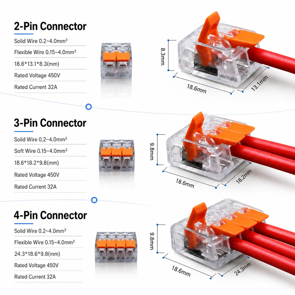 Electrical Cable Connectors 50PCS 2/3/4/5 Port Lever Wire Connector Quick Splice Electrical Wire Terminal 32A 450V 0.15-4mm2 Kit