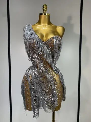 Sparkly Strass Kwastje Mesh Jurk Nachtclub Dans Stage Performance Kostuum Avondfeest Eén schouder Nachtclub Mini-jurk