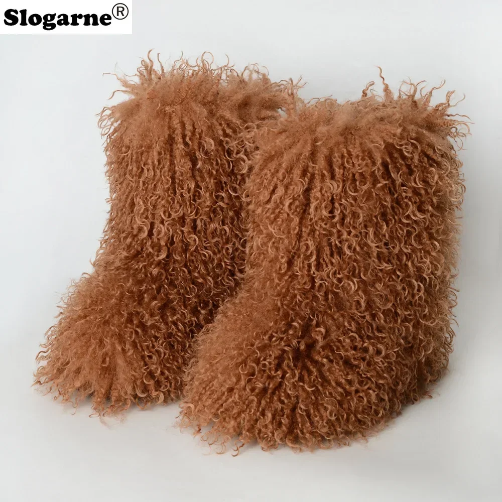 Ladies Trendy Mongolian Fur Boots Women Fahsion Teddy Fur Snow Boots Fluffy Warm Faux Wool Y2K Winter Shoes Plush Warm Footwear