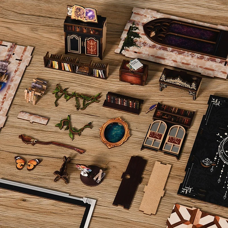 DIY Holzbuch Nook Regal Einsatz Kit The Realm Of The Magic Buch Buchstütze Miniatur Modell Kits Bücherregal für Freunde Geschenke