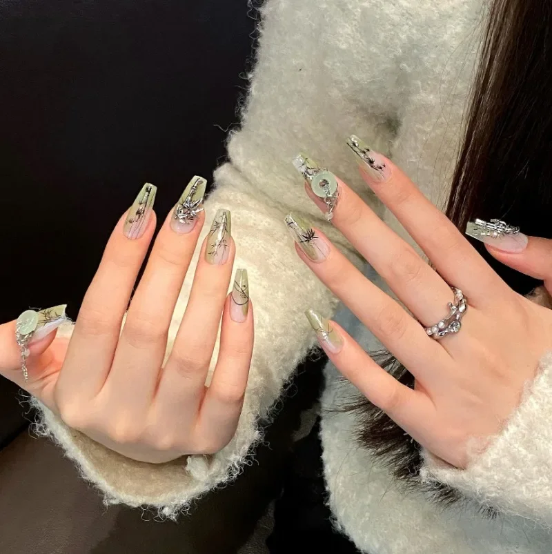 10 Stuks Handgeschilderde Bamboe Chinese Stijl Groene Jade Valse Nagels Lange Nep Pers Op Acryl Nagels Handgemaakte Nep Nagels Met Lijm