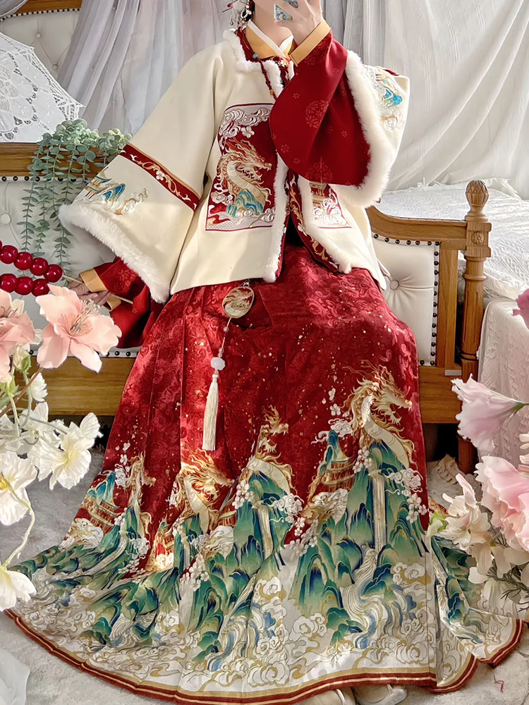 

Hanfu women's Ming style Hanfu with added velvet and thickened New Year's greetings, horse face skirt for winter