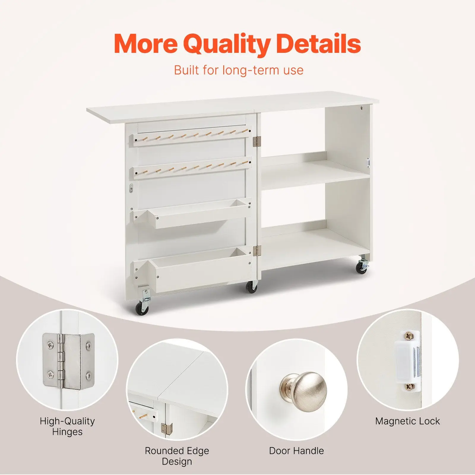 White Folding Craft Table with Lockable Wheels Storage Shelves Trays Door Space Saving Sewing Desk for Office Use