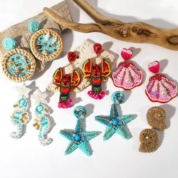 Lifefontier Blue Starfish Ocean Handmade Beaded Drop Earrings For Women Unusual Pearl Crystal Summer Earring Jewelry Gifts