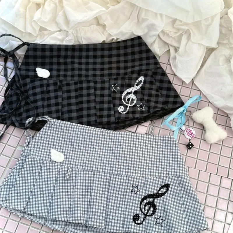 

Японская винтажная мини-юбка в стиле Лолита, женская плиссированная короткая юбка с узором в виде музыкальных нот Y2K, милая юбка А-силуэта с высокой талией