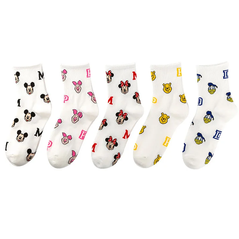 5 Pairs Disney Cotton Women Socks Cartoon Mickey Winnie The Pooh Donald Piglet White Socks Kawaii Girl Socks Gift For Girls