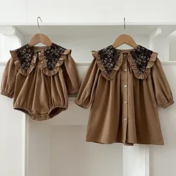 Vestidos de Princesa Manga Comprida Feminina, Algodão Bebê Bordado, Romper de Bebê Emendado, Vestido de Festa, Roupas Irmã, 2 a 6 Anos, Novo, Outono, 2022