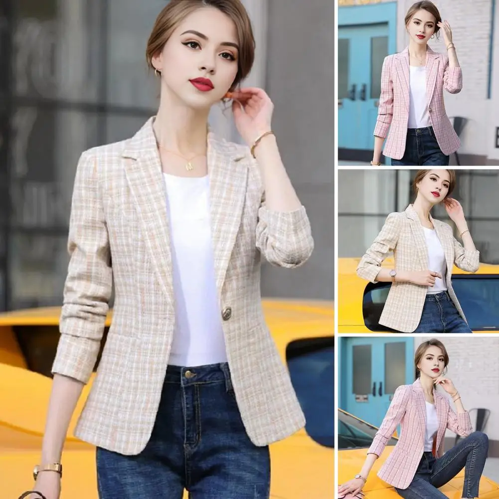 Simple Design Suit Coat Women Plaid Print Suit Coat Elegant Lapel Suit Coat for Women with Slim Fit Design Long Sleeve Office