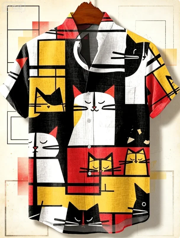 2026 Summer Men's Casual Shirt Graffiti Style Cute Cat Pattern Printed Short Sleeve Shirt Comfortable Daily Top