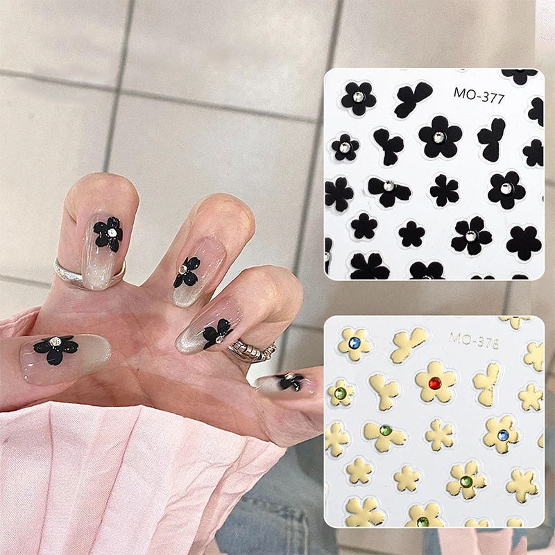 3D Black Flower Sticker Nail Decals Charms Simple Flowers White Nail Art Decoration Manicure Adhesive Gel Sliders Nails Designs