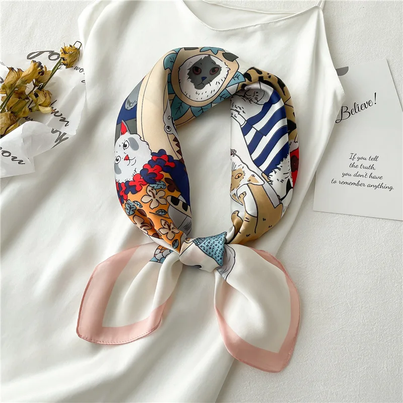 

2024 New Spring Summer Women Silk Scarf Girl Neckerchief Cartoon Cute Kitty 70*70cm Square Ribbon Hijab Hair Band Foulard Gift