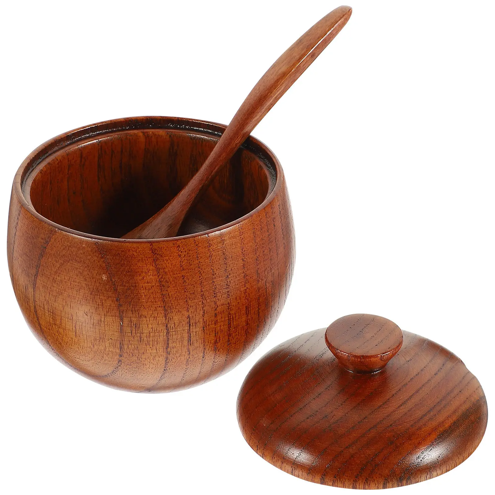 Tarro de madera natural para condimentos con tapa y cuchara, recipiente compacto redondo para especias, sal, pimienta, romero, azúcar, mantiene la frescura y la sequedad.