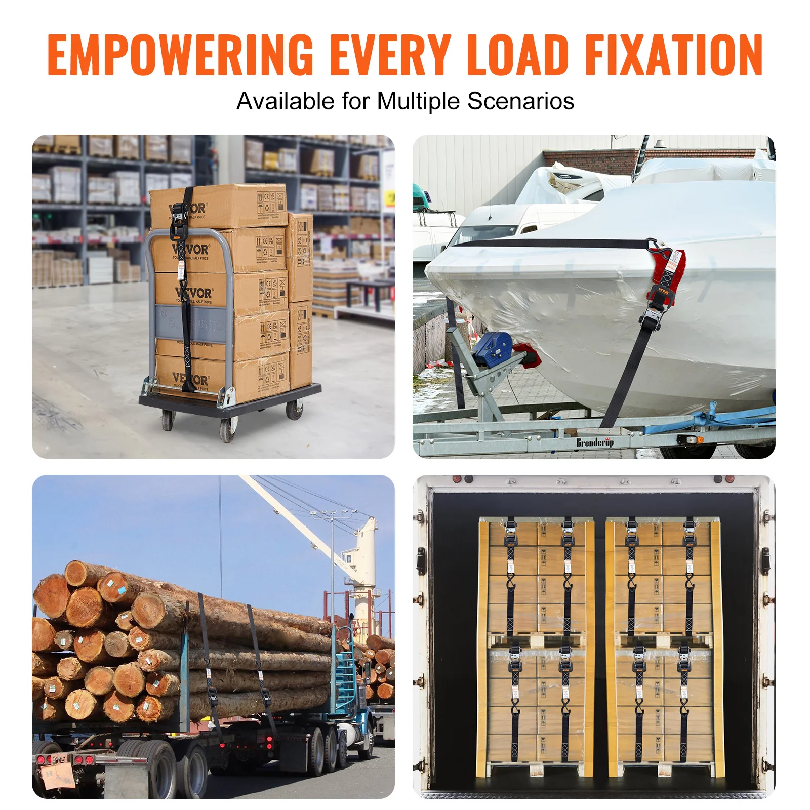 Vevor Ratelbandjes (4Pk), 5208 Lb Max Breuksterkte, Inclusief 4 Premium 1.6 "X 8 'Rachet Stropdas Met Gewatteerde Handgrepen