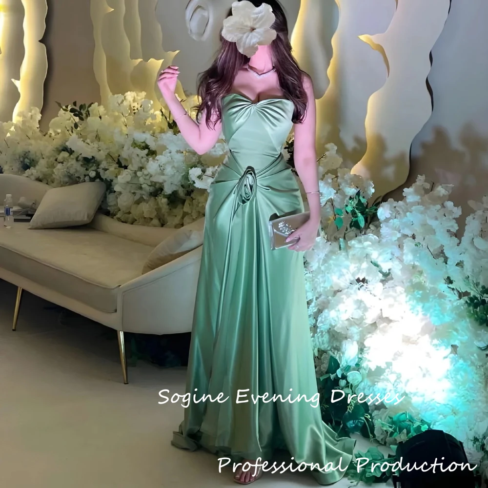 

Satin Green Customized Satin Evening Dresses For Women 2025 3d Flower Floor-Length Ruched Prom Dress Strapless Cocktail Gowns
