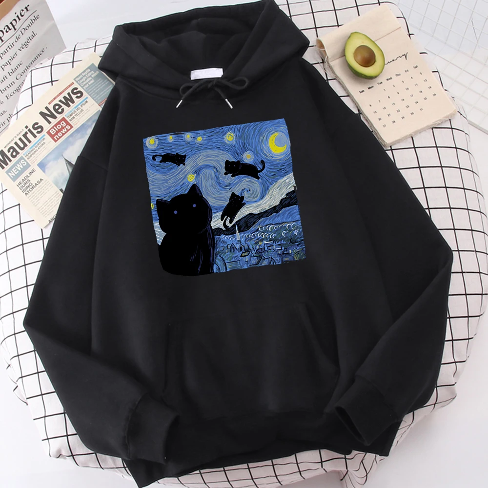 

Trendy and Casual Starry Cat Night Print Men's Autumn Oversized Hoodie, Fashionable Fleece Sweatshirt, Cool and Loose Pullover
