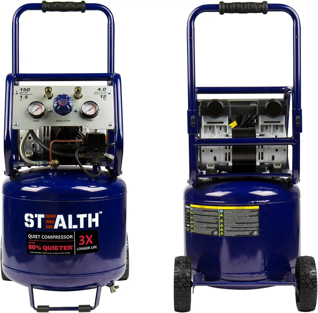 Stealth 12 Gallon Ultra Quiet Air Compressor, 1.5 HP Oil-Free Peak 150 PSI 68 Decibel Air Compressor,5 CFM @ 40 PSI 4