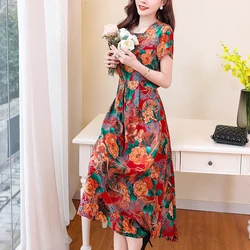 New Fashion Loose Summer Dresses For Women 2023 Flower Print Short Sleeve Square Collar Dress Vintage Women Clothing