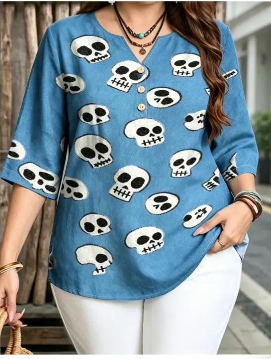 5 Patterns Casual Print Blouses Notch V Neck 3 Decor Buttons 3/4 Sleeve Dot Skull Heart Stripe Floral Soft Daily Women Shirts