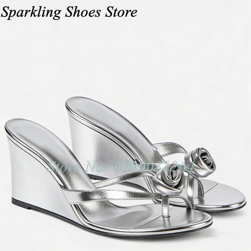

Rose Decor Wedges Mule Sandals Flip Hop Slip On High Heels Luxury Designer 2026 Spring Summer Women Leather Shoes Outer Slippers