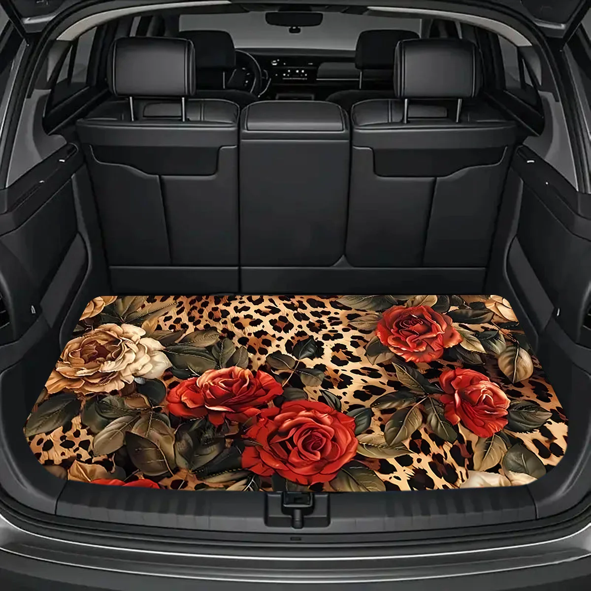1pc Car Trunk Mat, Elegant Red And Yellow Rose Floral On Leopard Print, Non-Slip Backing, Auto Cargo Liner, Luggage Compartment