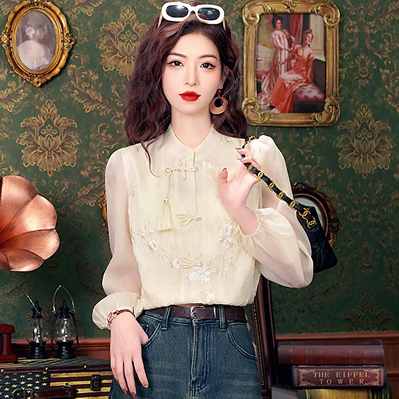 

Женская рубашка в китайском стиле с вышивкой, воротником-шалью, длинными рукавами, бахромой, из шифона, весна-осень, новая, ретро, на пуговицах