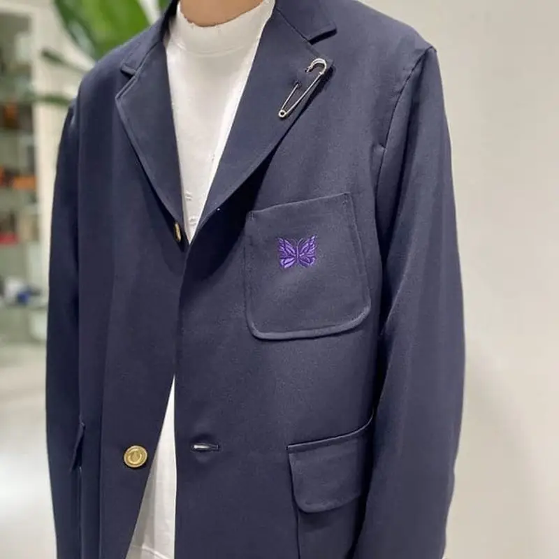 

Needles track butterfly embroidery pin lapel hipster suit Japanese retro casual suit jacket man