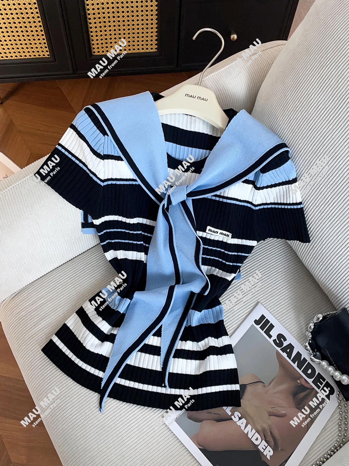 

Трикотажная футболка в полоску с воротником «морской волны», женская осенняя коллекция премиум-класса Faion, удобный повседневный топ с длинным свеком