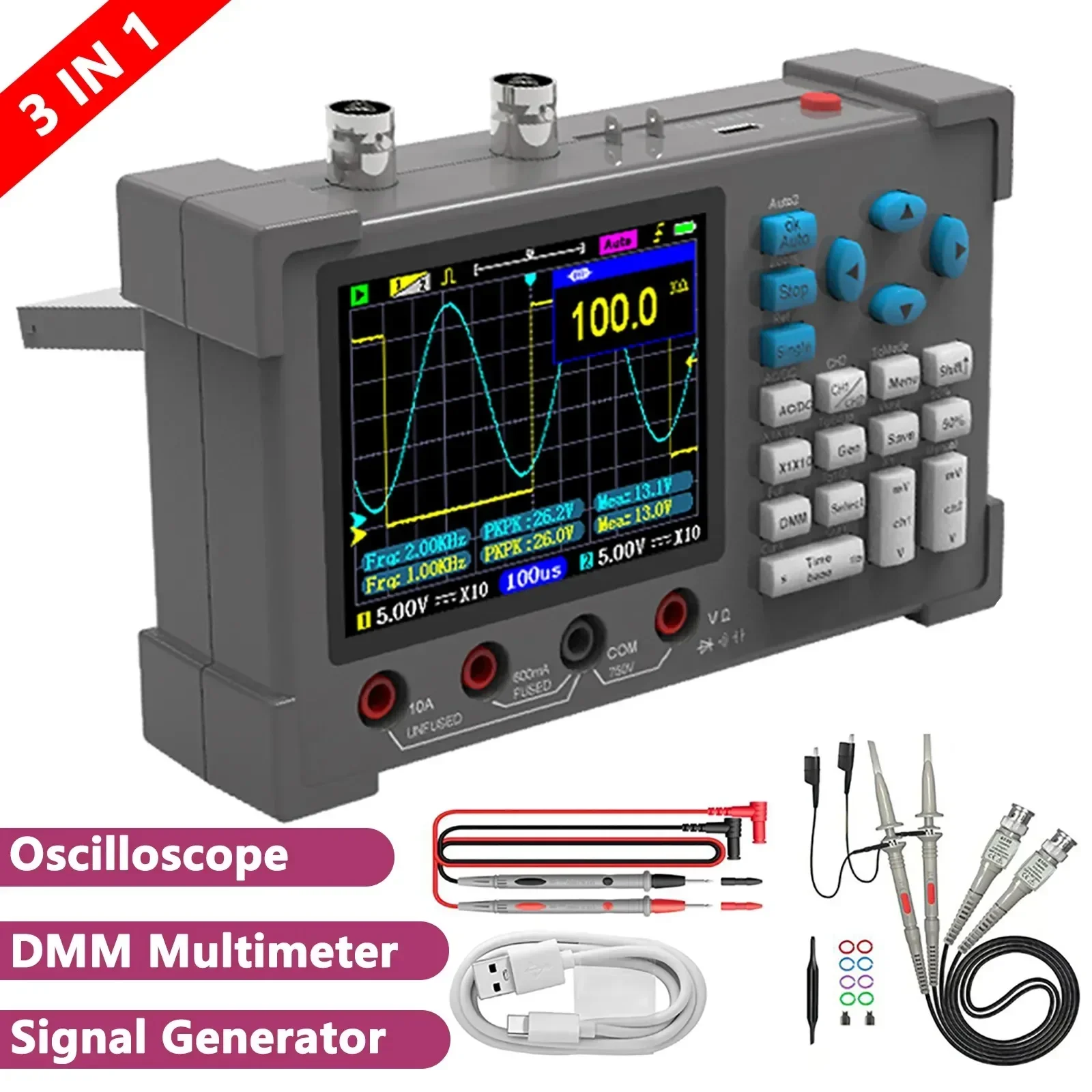 3in1 Dual Channel Oscillometer Signal Generator Machine 120Mhz Bandwidth 250MSa/s Sampling Rate Oscilloscope Multimeter DSO3D12