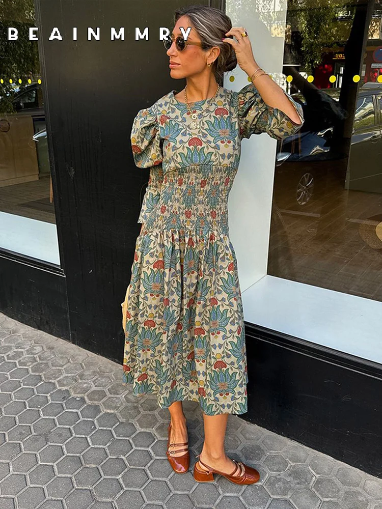 2025 Spring Flower Printed O Neck Long Dress Women Vintage Vacation Half Puff Sleeve Maxi Dresses Fashion Street Holiday Robes