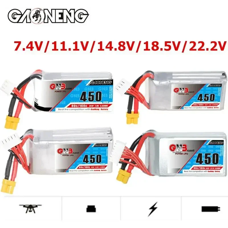 

GAONENG GNB 450mAh 2S-7.4V/3S-11.1V/4S-14.8V/6S-22.2V 80C Lipo Battery XT30 Connector For FPV Drone RC Parts