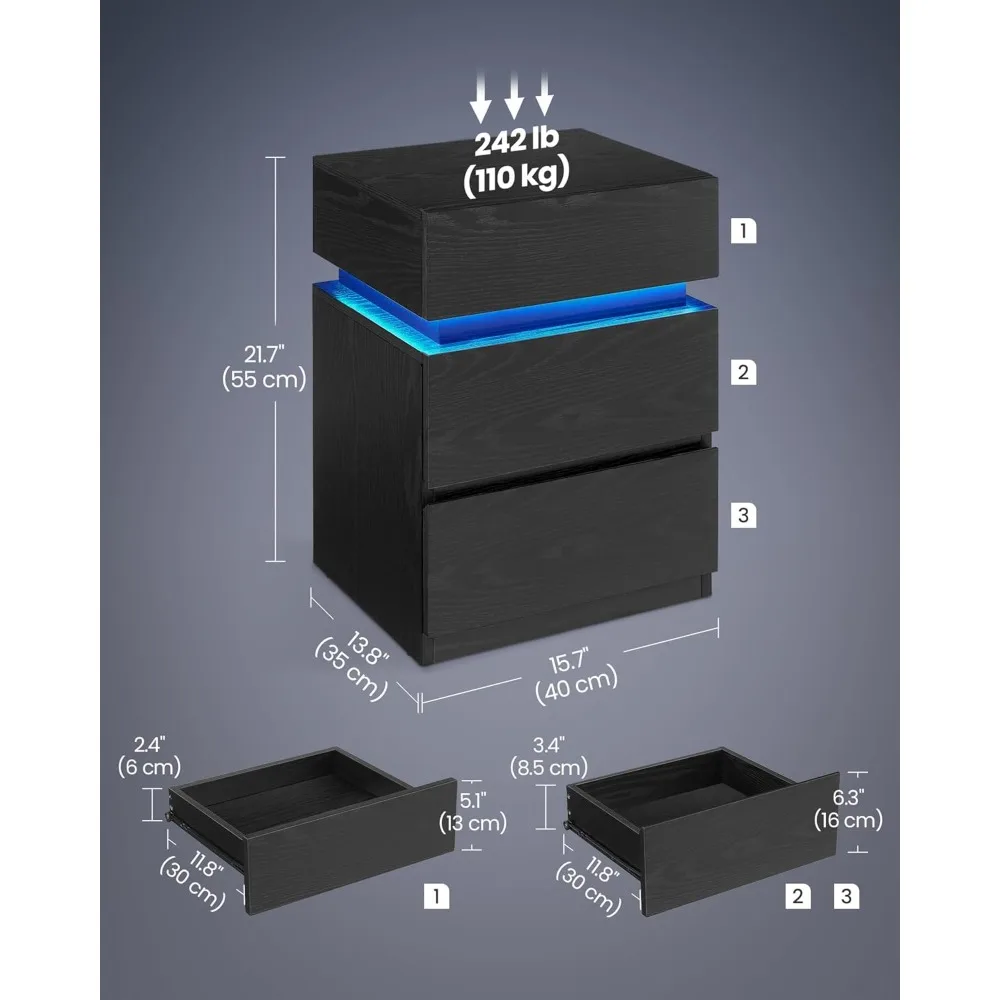 Nightstand with LED Lights,Adjustable Light Colors,Bedside Table,Side Table with 3 Drawers,Modern Style,13.8x15.7x21.7Inches