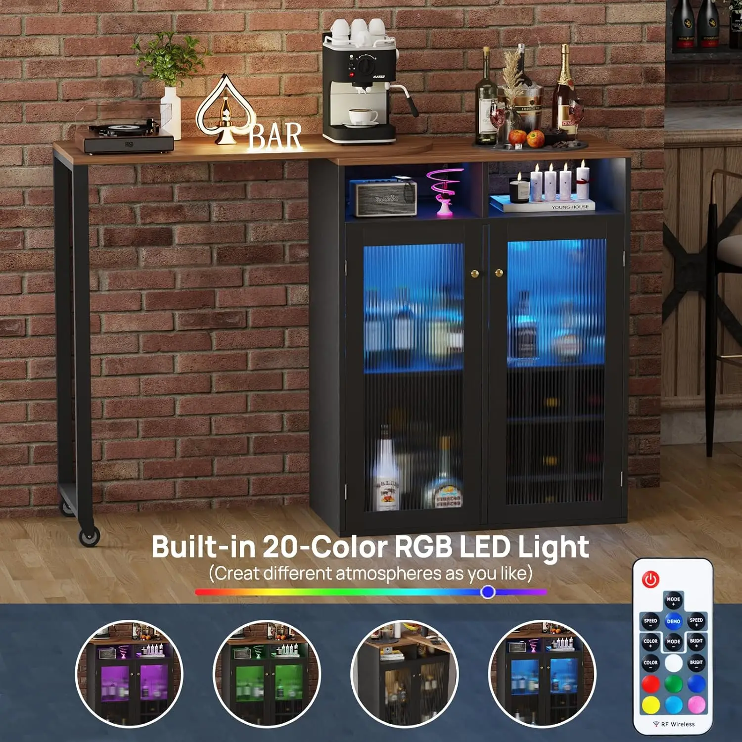 Lemari Bar Dengan Penyimpanan Untuk Rumah, 360 °   Lemari Anggur Berputar, Meja Bar LED Dengan Rak Anggur & Tempat Gelas Dilengkapi Stopkontak