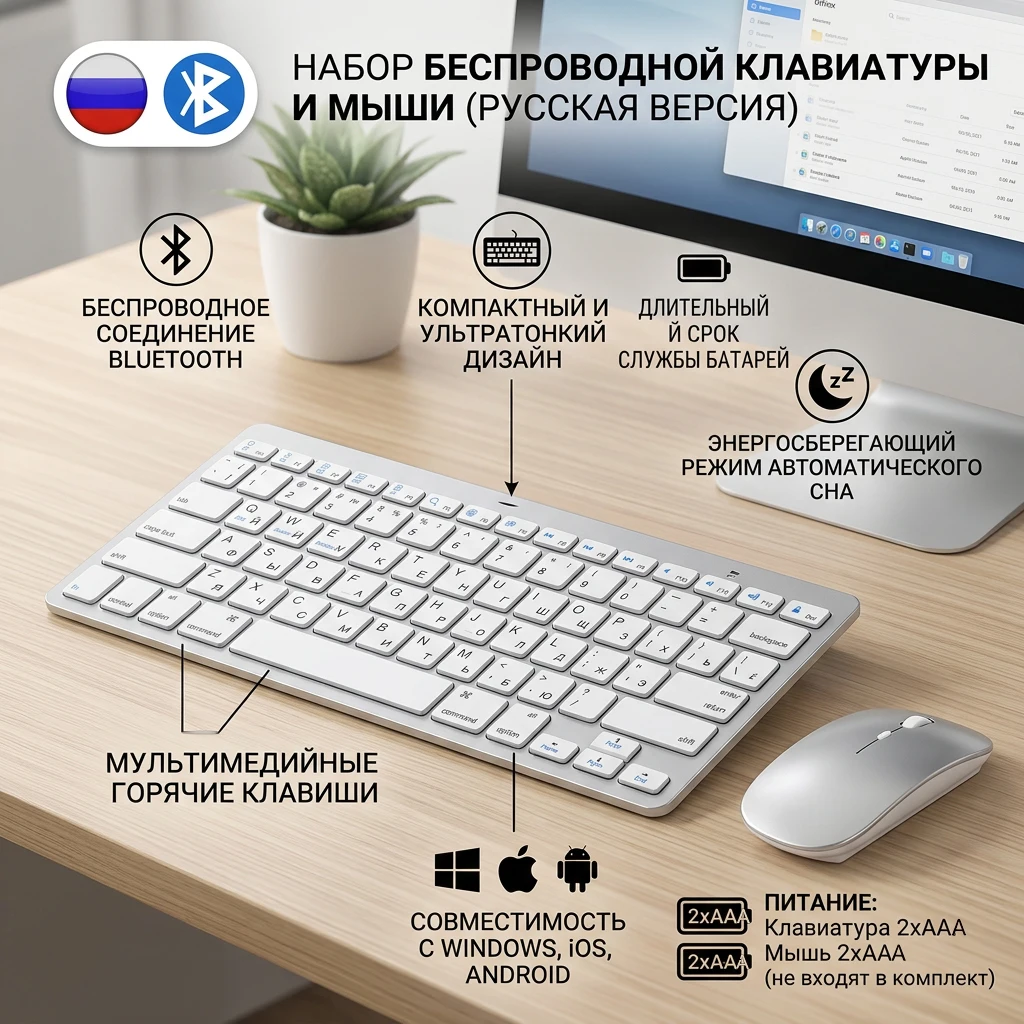 

Russian Bluetooth Keyboard Mouse Combo Wireless Bluetooth Mice Ultra Slim Mute for Mac iPad iPhone iOS Android Windows Smart TV