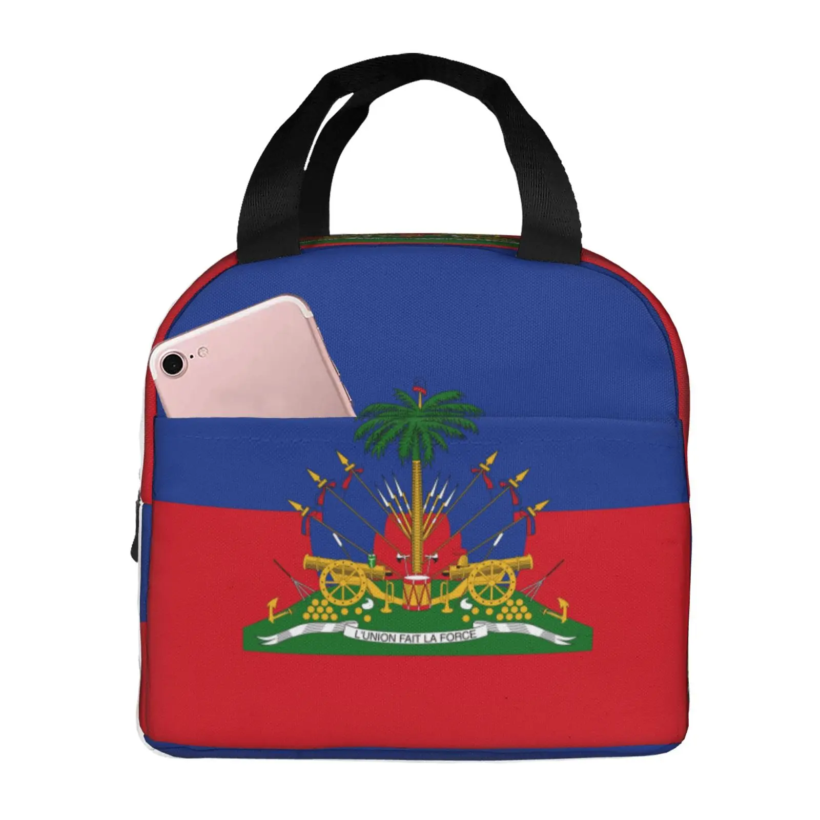 Flag of The Republic of Haiti Pattern Lunch Tote Bag Insulated Leakproof Lunch Box Container with Front Pocket for Girls Boys