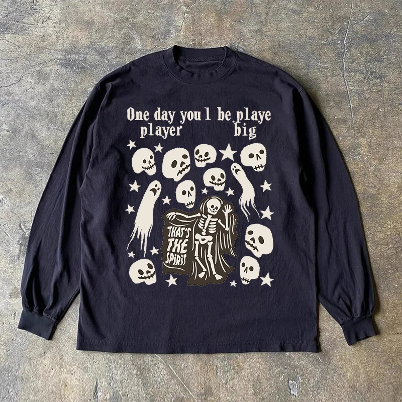 

Heavyweight 300g Pure Cotton Long Sleeve T-Shirt with Skull Letter Print for Street Style Versatile Cotton Crew Neck Top