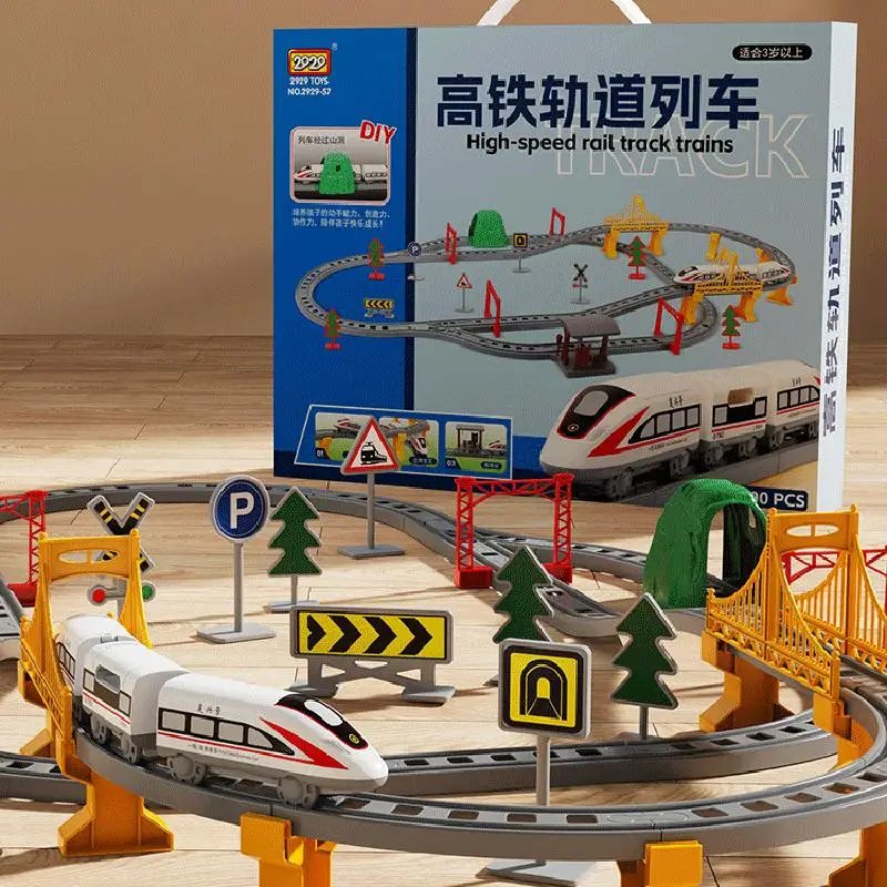 

Новый детский набор электропоездов с треком, игрушечный автомобиль, сборная модель, подарок, образовательный высокоскоростной игровой набор для железнодорожного автомобиля, подарок