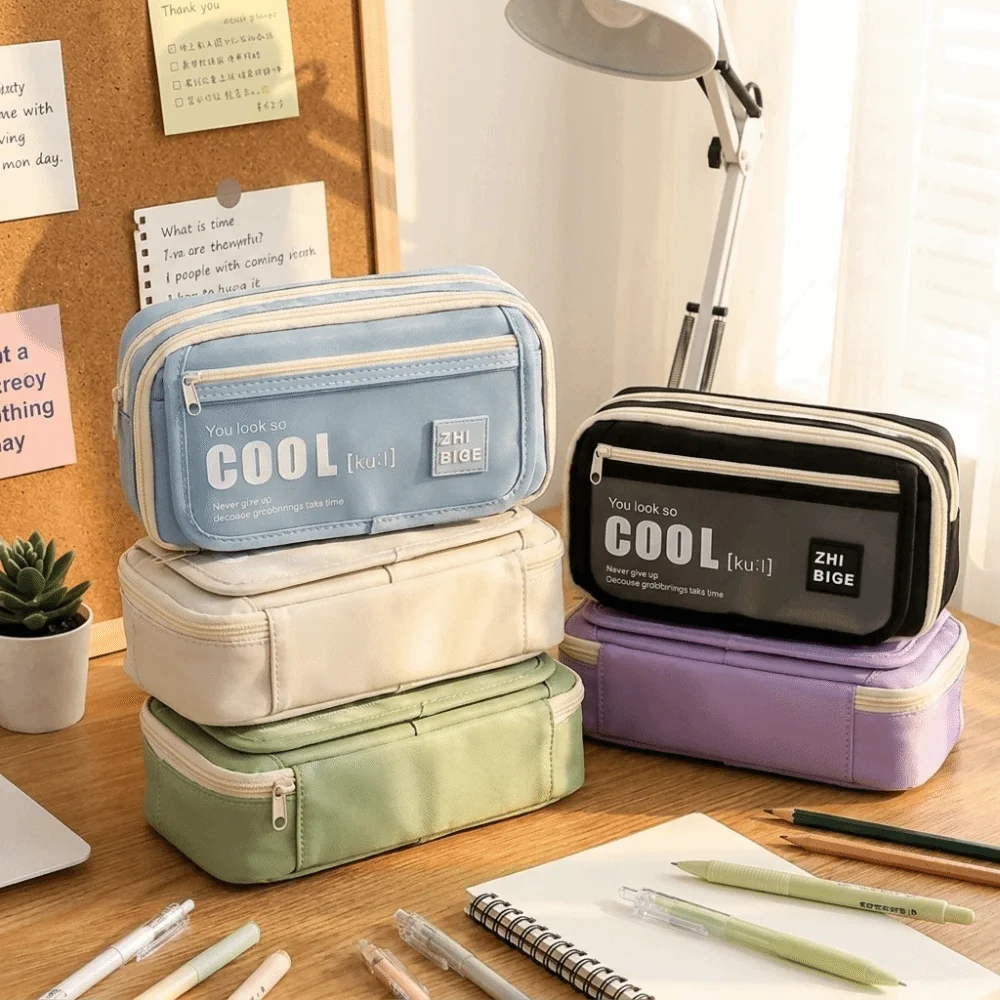 Large Capacity Multi Compartment Stationery Bag Lightweight Multi-Layer Pen Bag Clear Window Polyester Pencil Pouch Students