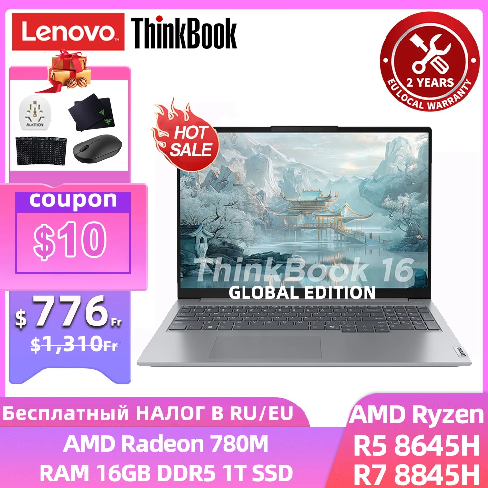 Lenovo ThinkBook 16 Laptop 2024  ADM Ryzen R7 8845H Radeon 780M 16G RAM 1T SSD 16-inch 2.5K 120Hz Screen Notebook Slim PC