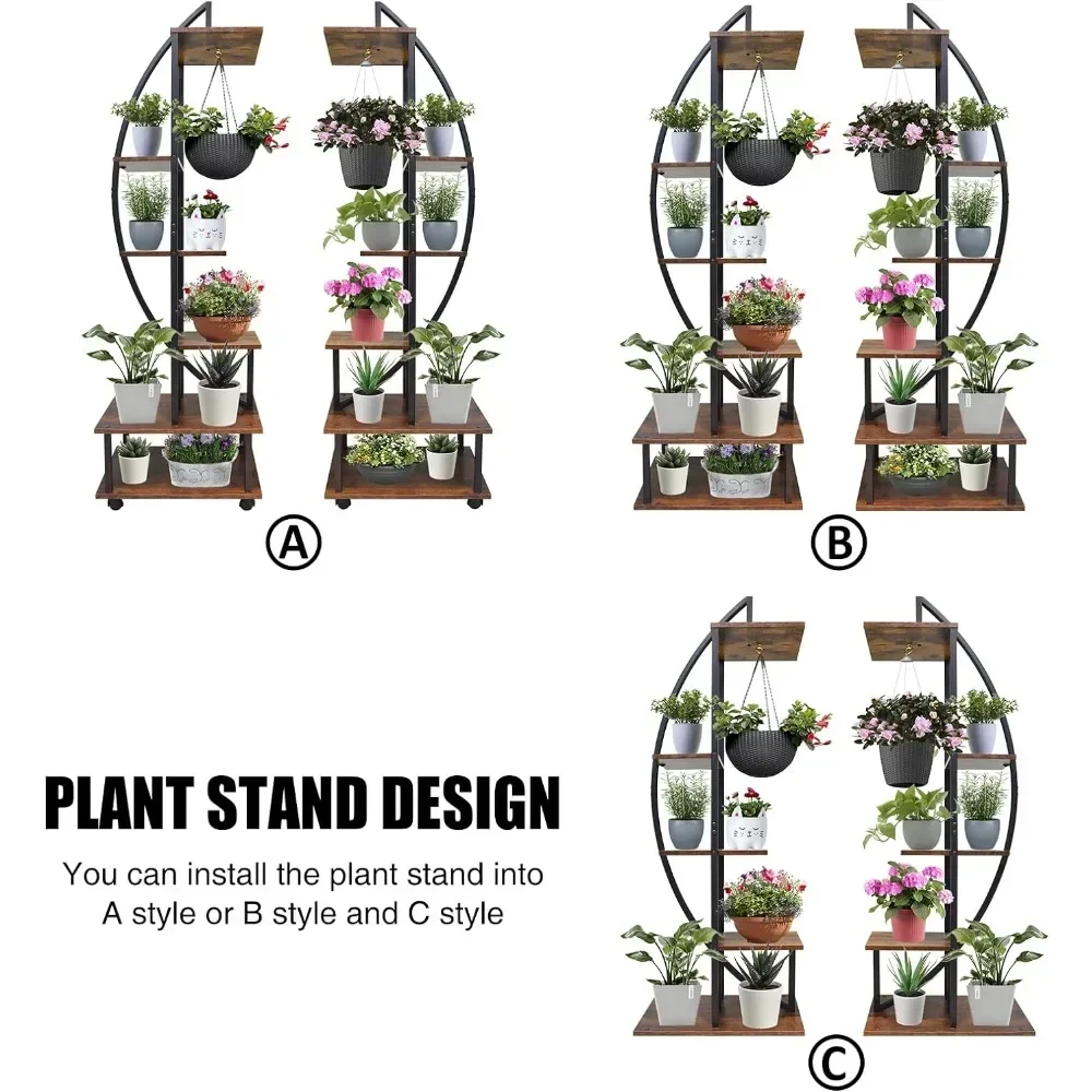 2 PCS Half Moon Plant Stand Indoor 6 Tiers Metal Plant Shelf Ladder Wood Flower Pot Holder with Hangers for Living Room Balcony