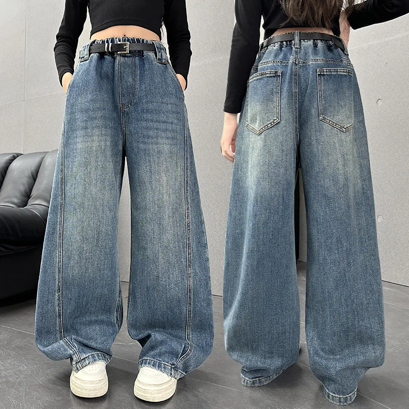 

Girls Wide Leg Jeans Spring Autumn Loose Fit Children's Floor Length Pants Versatile Loose Trousers for Big Kids