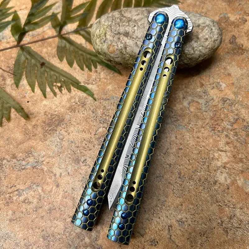 TheOne Python Clone of Hex Texture MC Slabs Sandwich Titanium Handle Outdoor EDC Damascus ALT Blade Trainer