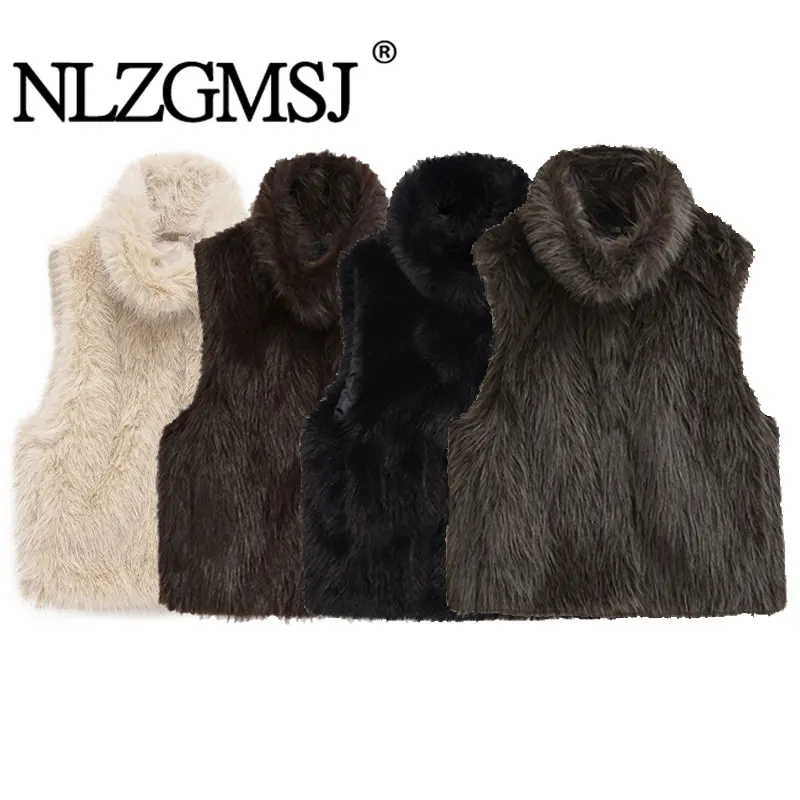 NLZGMSJ Faux Fur Vest Top Women Fashion Turtleneck Fluffy Vests Coat 2025 Winter Female Elegant Sleeveless Waistcoat Outerwear