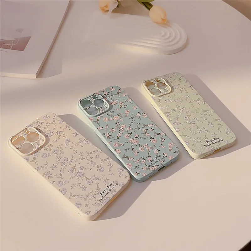 Ottwn Korean Retro Flowers Phone Case For iPhone 14 13 12 11 Pro Max 14 Luxury Floral Soft Silicone Shockproof Bumper Back Cover