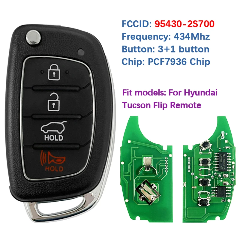 

CN020054 Aftermarket 4 Button Flip Remote Control 433Mhz PCF7936 Chip FCC OKA-860T 95430-2S700 95430-2S701 For Hyundai Tucson