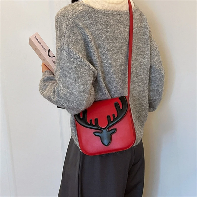 Trendy Christmas Elk Pattern Shoulder Bag Women Small PU Satchel Crossbody Phone Bag Girls Casual All-match Messenger Handbag