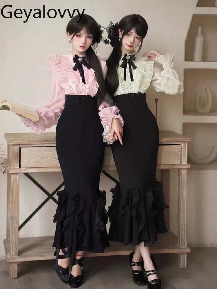 

Нежное платье в японском стиле с воротником-стойкой, имитация двухслойного платья, с длинным рукавом, для милых девушек, с завышенной талией, облегающее, стройнящее, фасон «русалка»