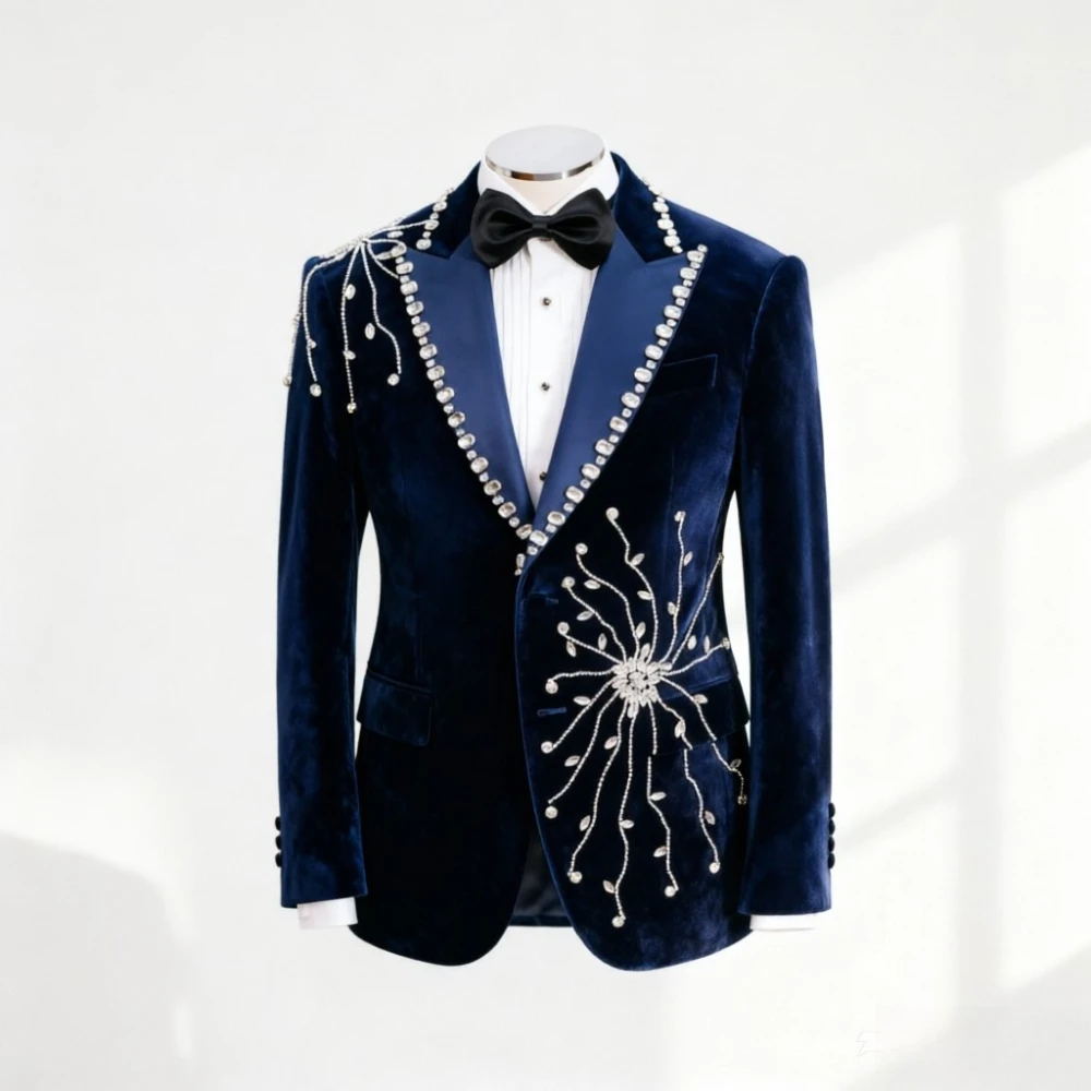 Beaded Wedding Tuxedo Velvet for Groom Crystal Beading Embroidery Men Suits Slim Fit Prom Suit Male Formal Luxury Designer Style