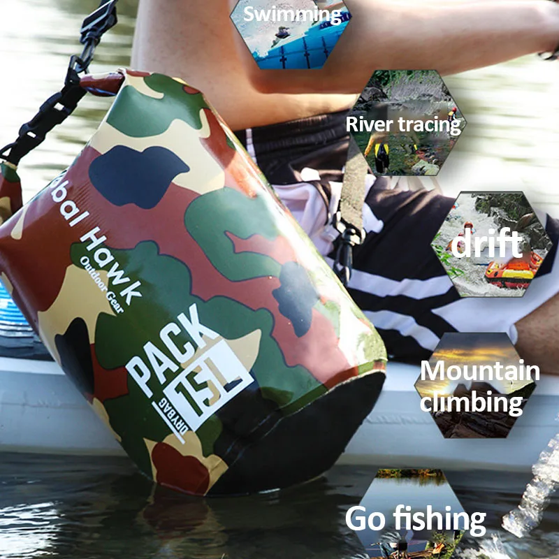 Waterproof Dry Bag 5L/10L/15L/20L/30L PVC Camouflage Dry Wet Separation Bag for Swimming Kayaking Rafting Boating River Trekking