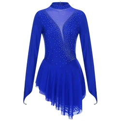 Figure Ice Skating Dress Women Ballet Dance Costume Long Sleeve Mesh Leotards Gymnastic Rhinestone Skating Competition Clothing