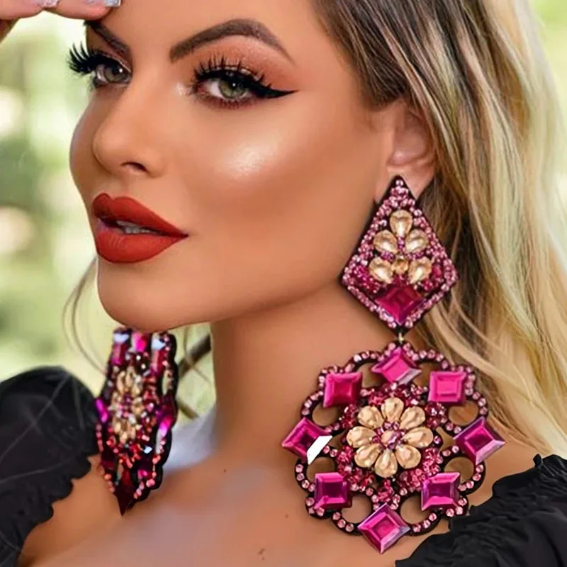 New geometric earrings exaggerated colored rhinestone earrings catwalk accessories women's earrings